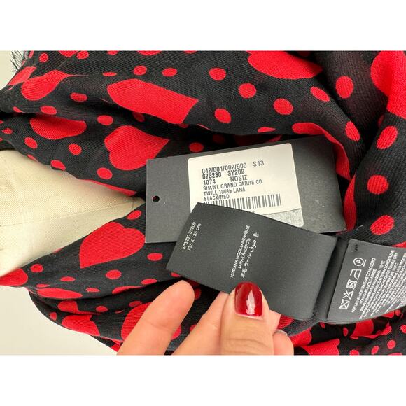 YSL Saint Laurent Black Red Scarf Wool Heart Polka Dot Print Square Large NEW - Picture 7 of 9
